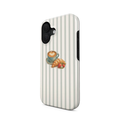 coffee croissant tough phone case with strawberries on stripe background cute aesthetic iphone 15 case cosy cafe style phone cover