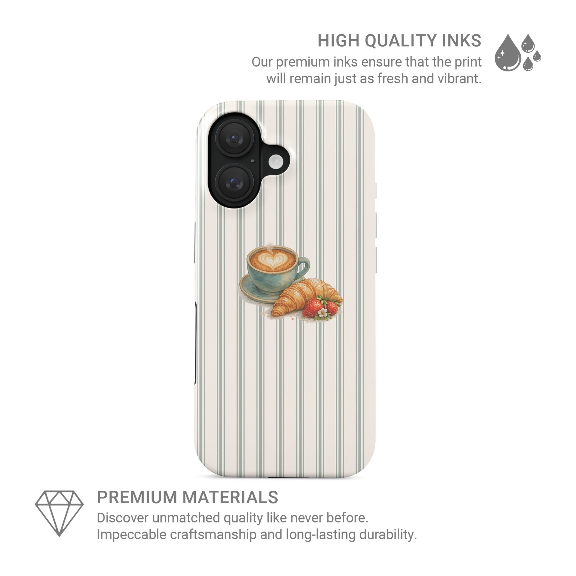 coffee croissant tough phone case with strawberries on stripe background cute aesthetic iphone 15 case cosy cafe style phone cover