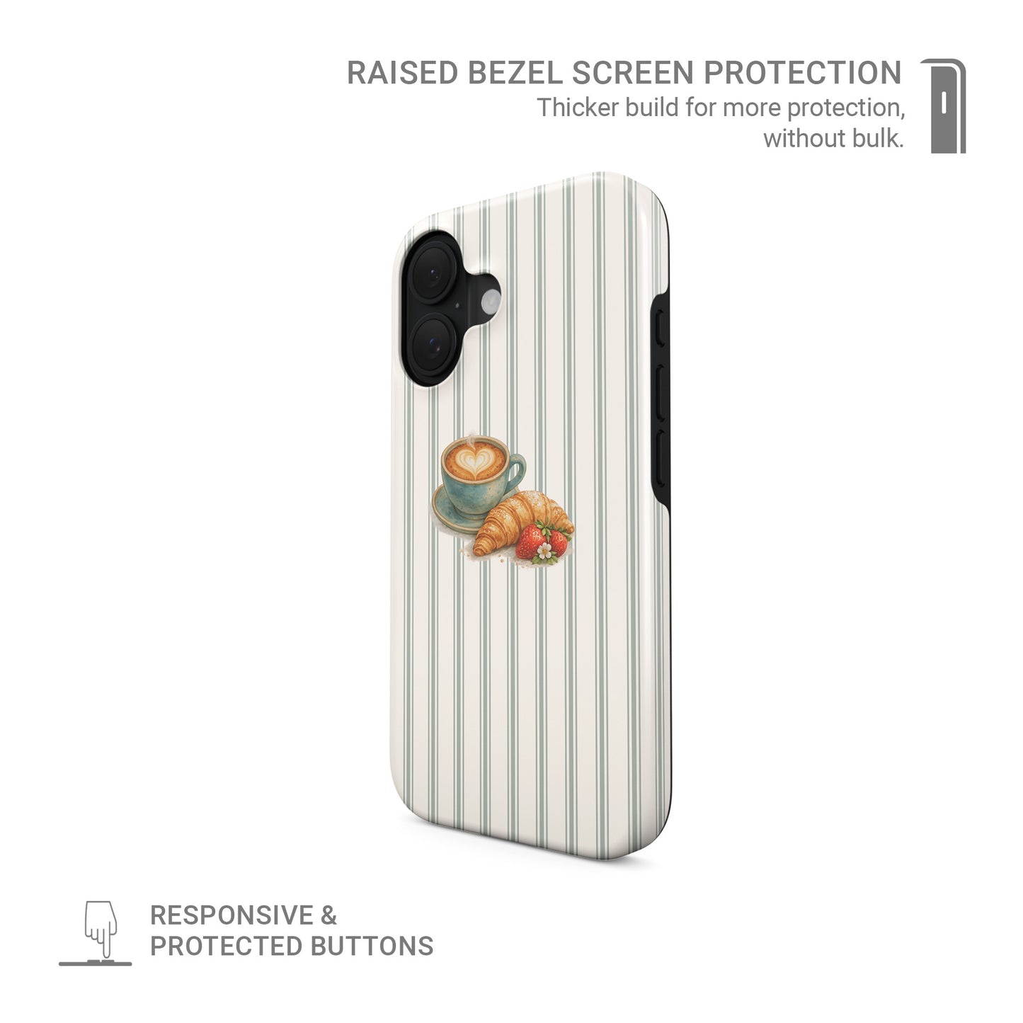 coffee croissant tough phone case with strawberries on stripe background cute aesthetic iphone 15 case cosy cafe style phone cover