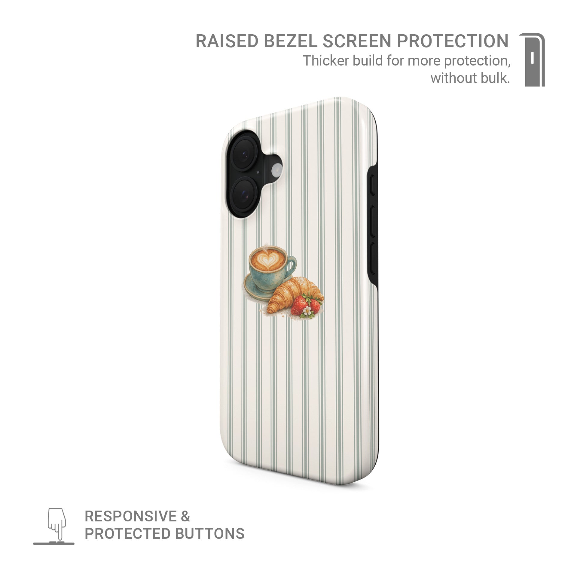 coffee croissant tough phone case with strawberries on stripe background cute aesthetic iphone 15 case cosy cafe style phone cover