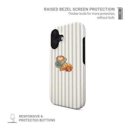 coffee croissant tough phone case with strawberries on stripe background cute aesthetic iphone 15 case cosy cafe style phone cover