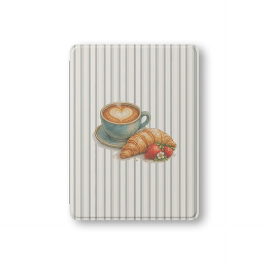 coffee croissant ipad case aesthetic striped ipad cover cute breakfast ipad case vegan leather ipad folio with pencil holder