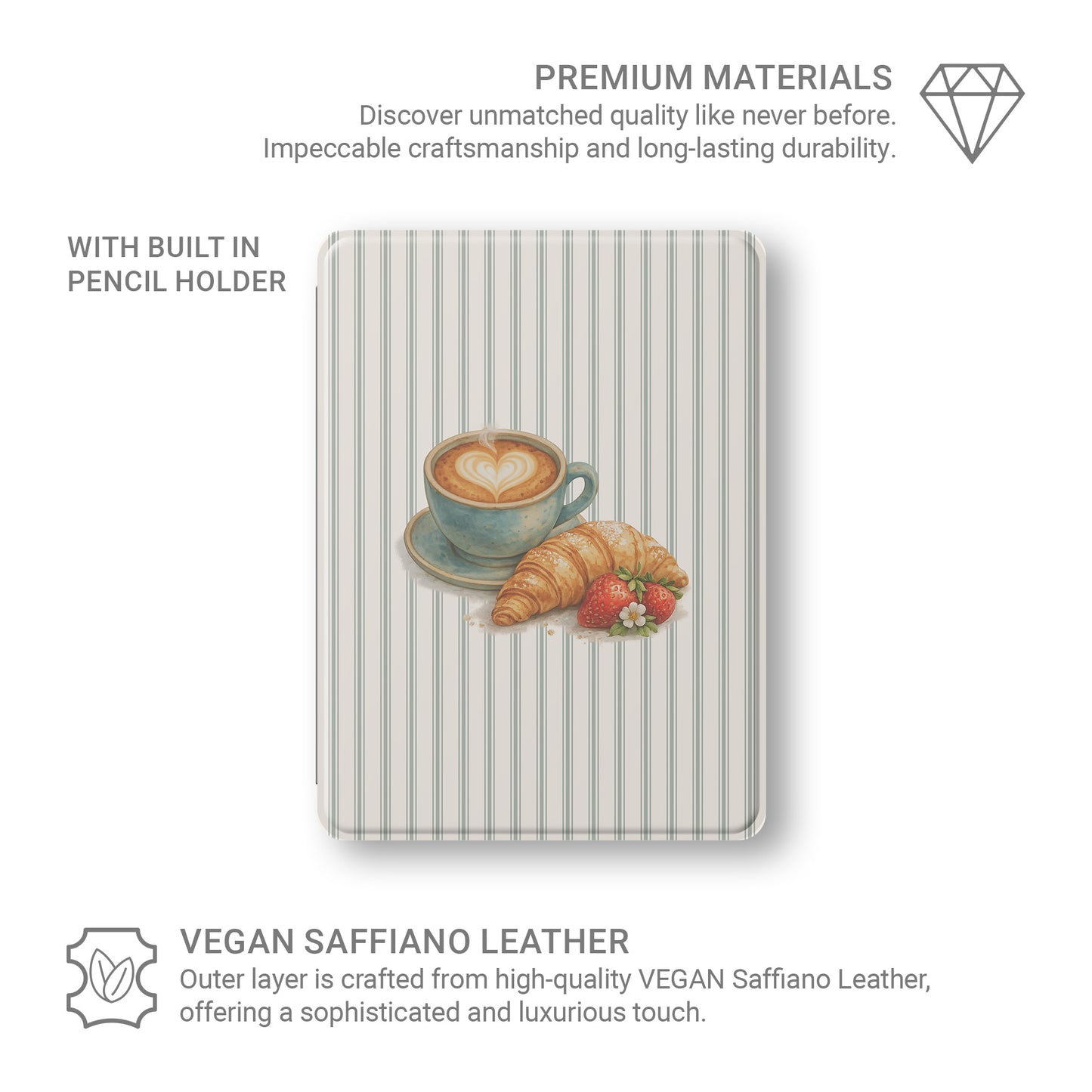 coffee croissant ipad case aesthetic striped ipad cover cute breakfast ipad case vegan leather ipad folio with pencil holder