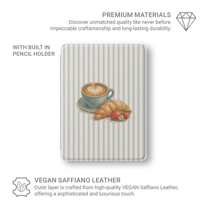 coffee croissant ipad case aesthetic striped ipad cover cute breakfast ipad case vegan leather ipad folio with pencil holder