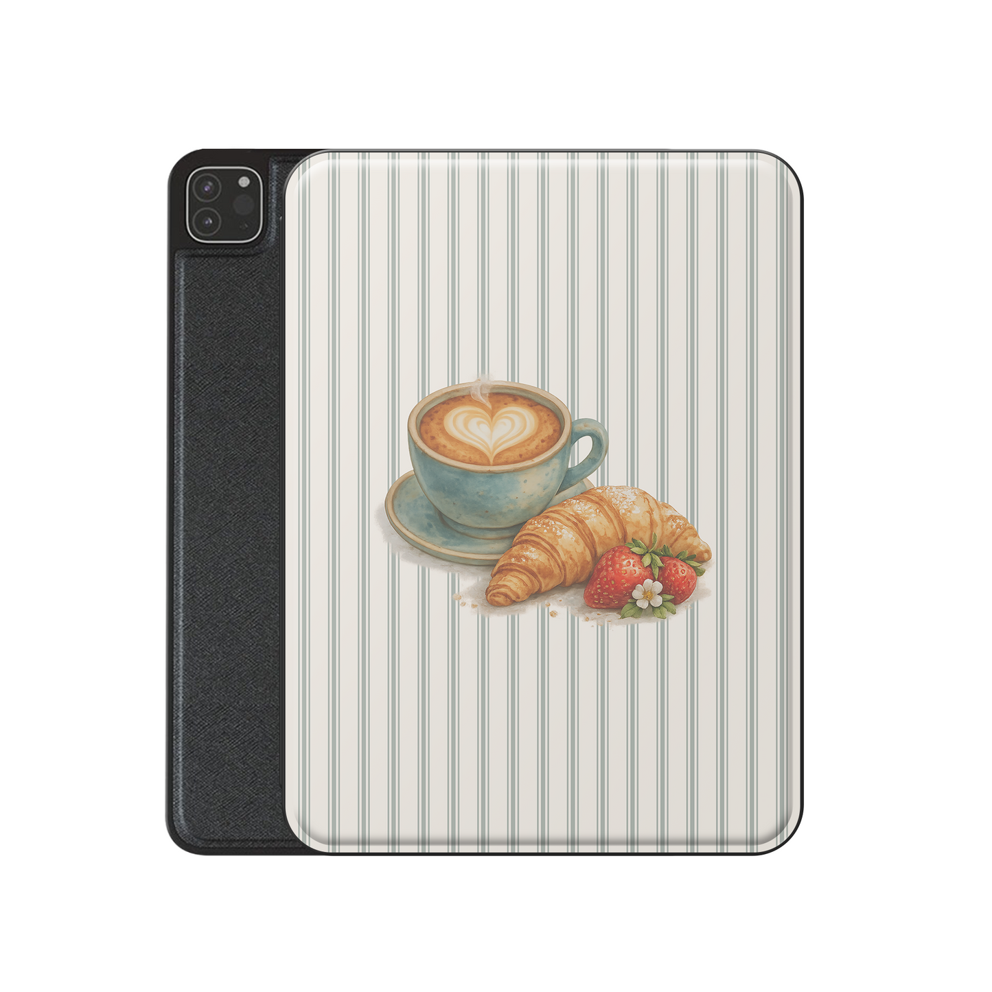 coffee croissant ipad case aesthetic striped ipad cover cute breakfast ipad case vegan leather ipad folio with pencil holder