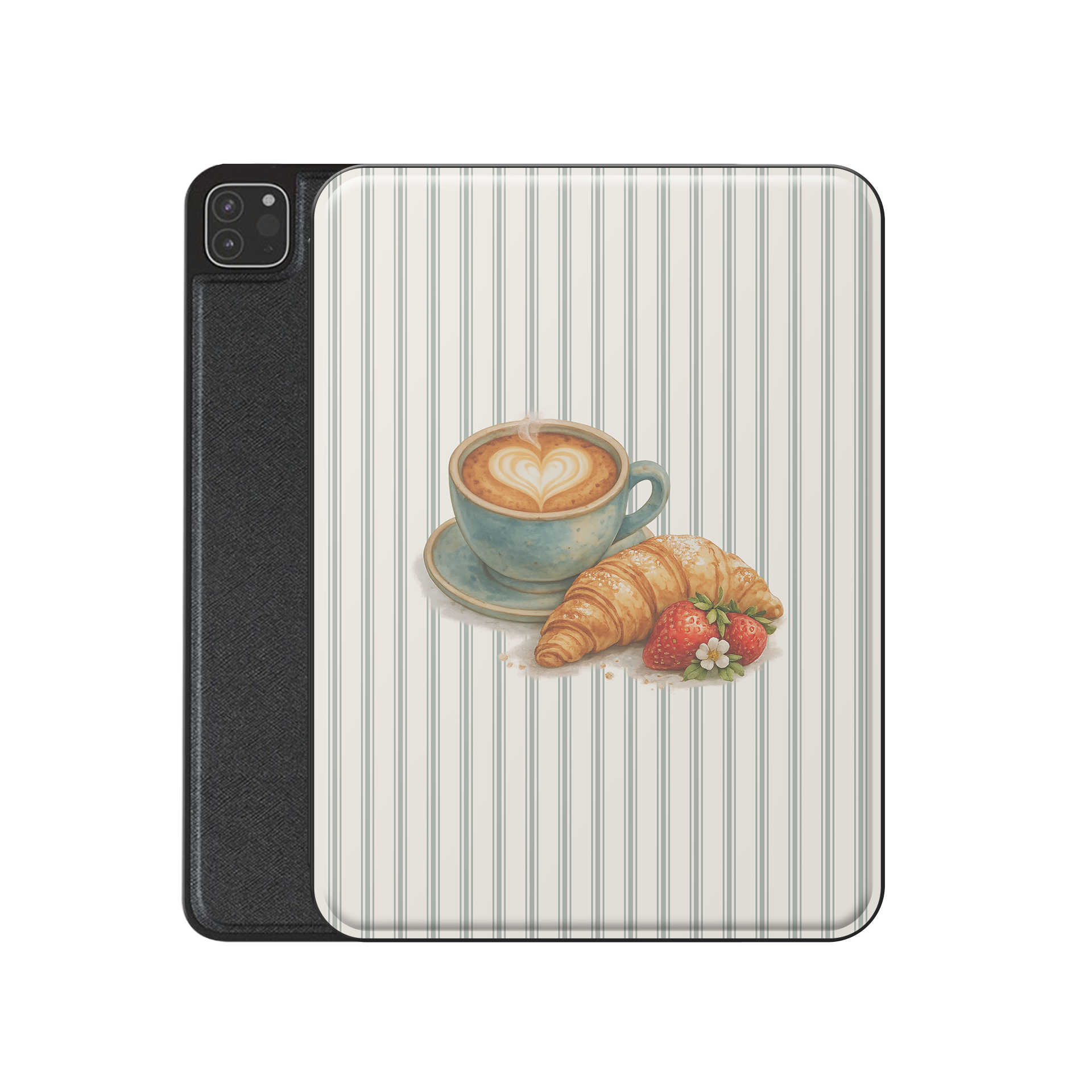 coffee croissant ipad case aesthetic striped ipad cover cute breakfast ipad case vegan leather ipad folio with pencil holder