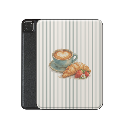 coffee croissant ipad case aesthetic striped ipad cover cute breakfast ipad case vegan leather ipad folio with pencil holder