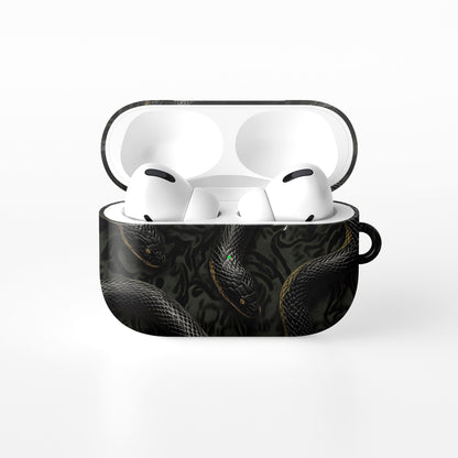 Coiled Shadows AirPods Tough Case with black snake artwork, glossy finish, and impact-resistant single-shell design.