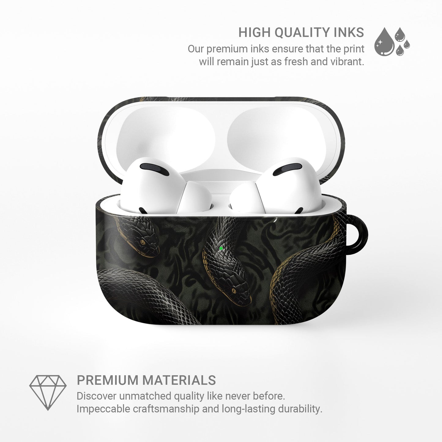 Coiled Shadows AirPods Tough Case with black snake artwork, glossy finish, and impact-resistant single-shell design.