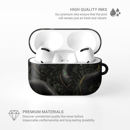 Coiled Shadows AirPods Tough Case with black snake artwork, glossy finish, and impact-resistant single-shell design.