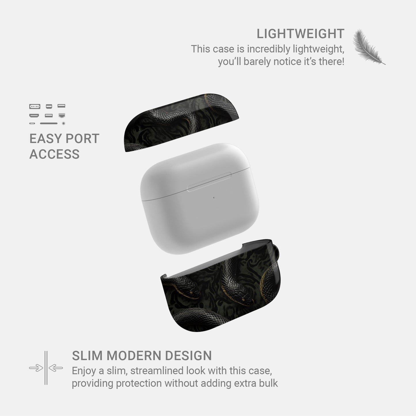 Coiled Shadows AirPods Tough Case with black snake artwork, glossy finish, and impact-resistant single-shell design.