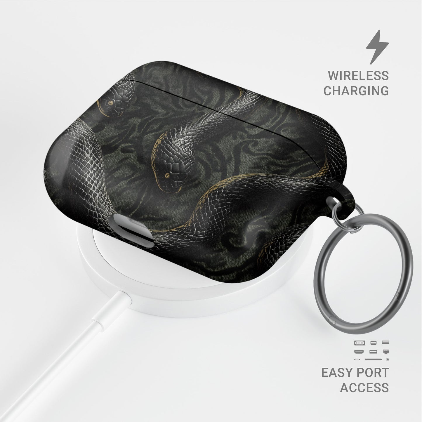 Coiled Shadows AirPods Tough Case with black snake artwork, glossy finish, and impact-resistant single-shell design.
