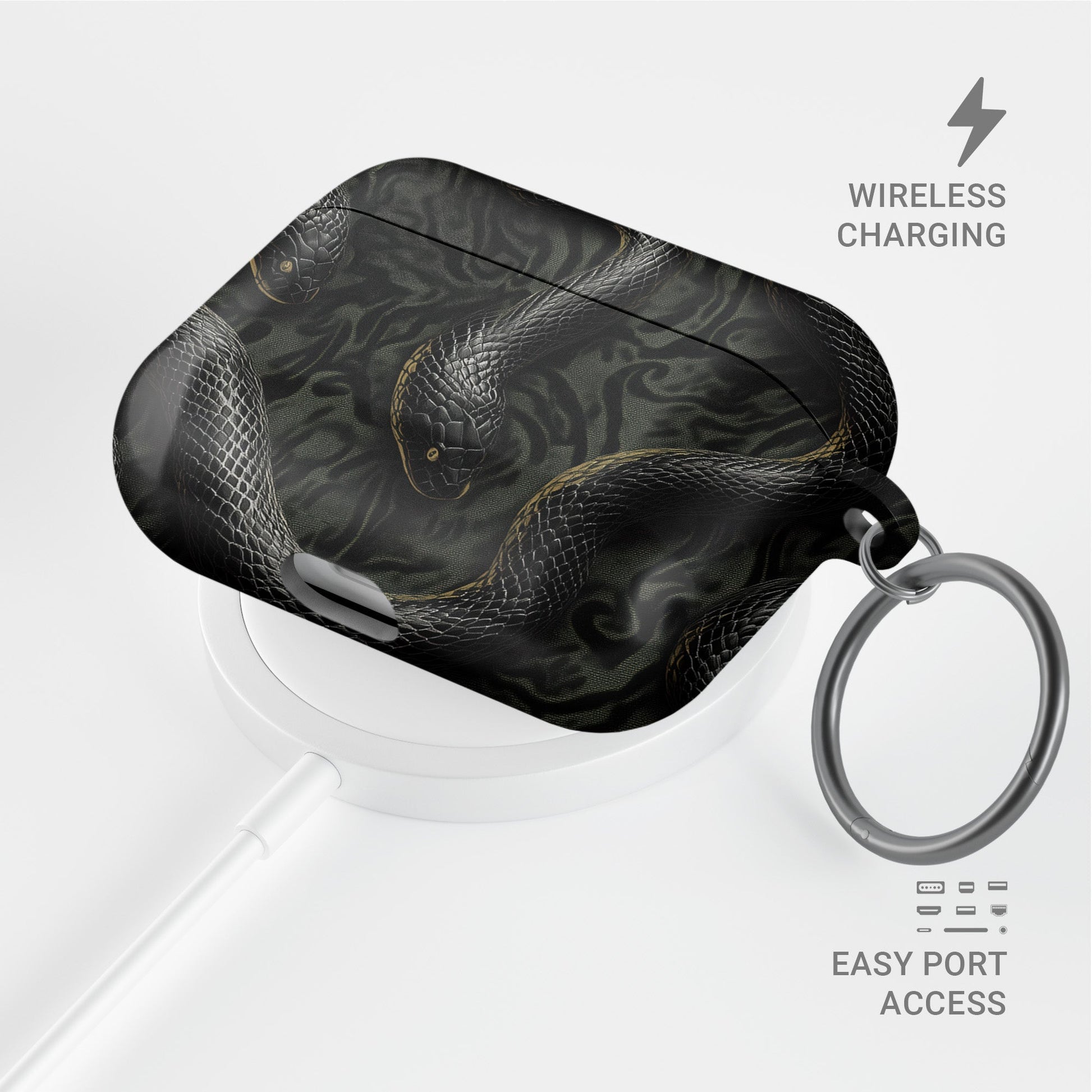 Coiled Shadows AirPods Tough Case with black snake artwork, glossy finish, and impact-resistant single-shell design.