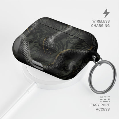 Coiled Shadows AirPods Tough Case with black snake artwork, glossy finish, and impact-resistant single-shell design.