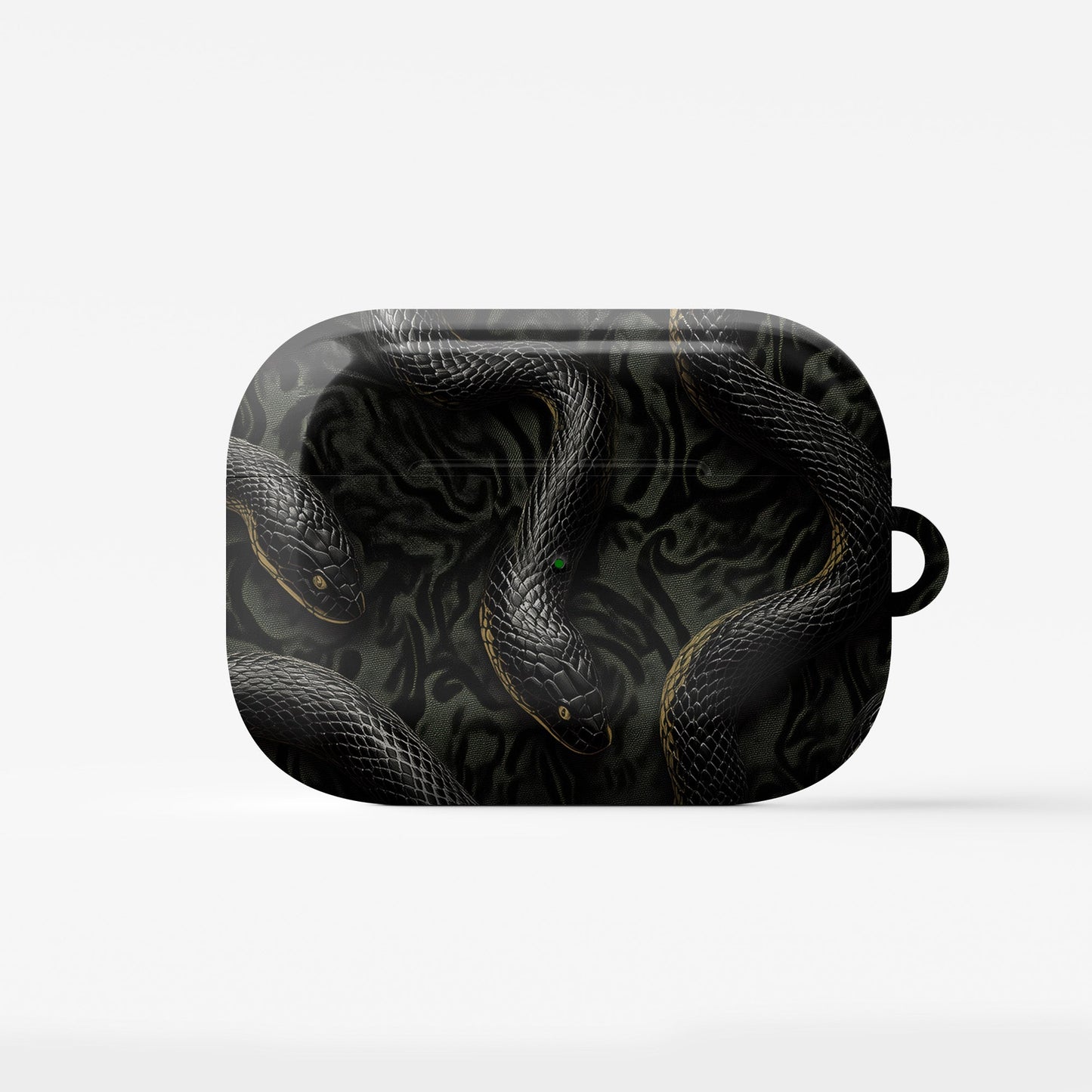 Coiled Shadows AirPods Tough Case with black snake artwork, glossy finish, and impact-resistant single-shell design.