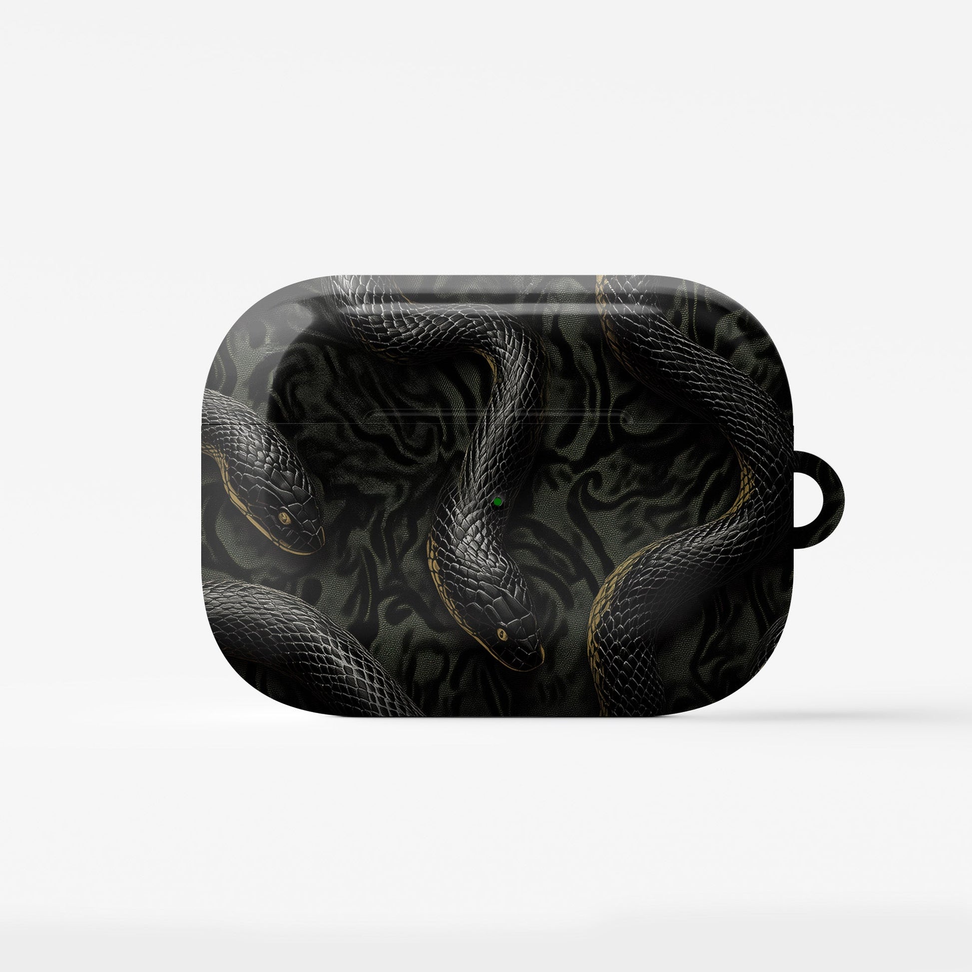Coiled Shadows AirPods Tough Case with black snake artwork, glossy finish, and impact-resistant single-shell design.