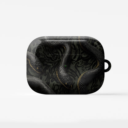 Coiled Shadows AirPods Tough Case with black snake artwork, glossy finish, and impact-resistant single-shell design.