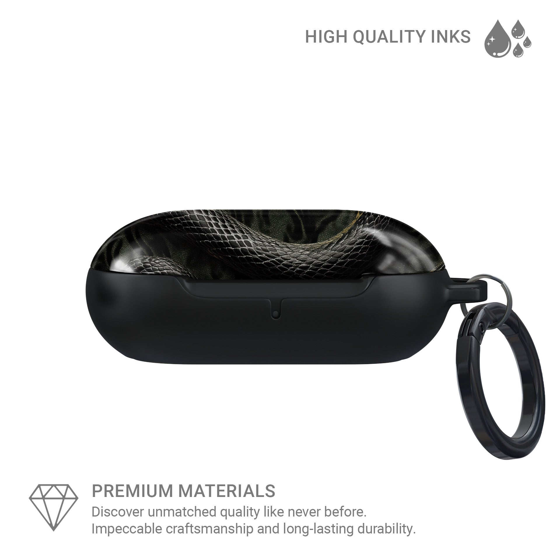 Coiled Shadows Samsung Buds Tough Case with snake design, glossy finish, and slim, impact-resistant shell.