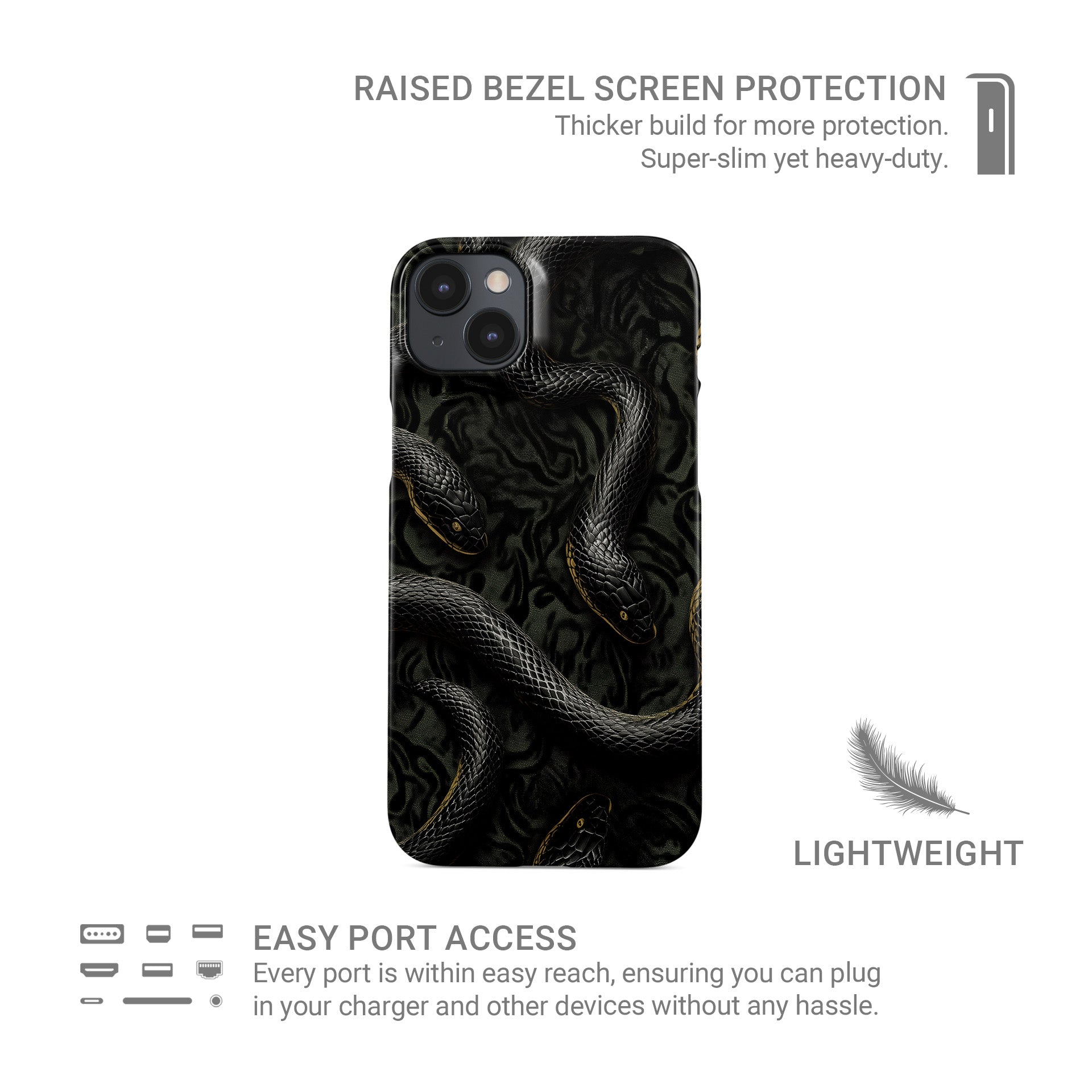 Glossy black snake snap phone case – slim protective gothic Halloween design
