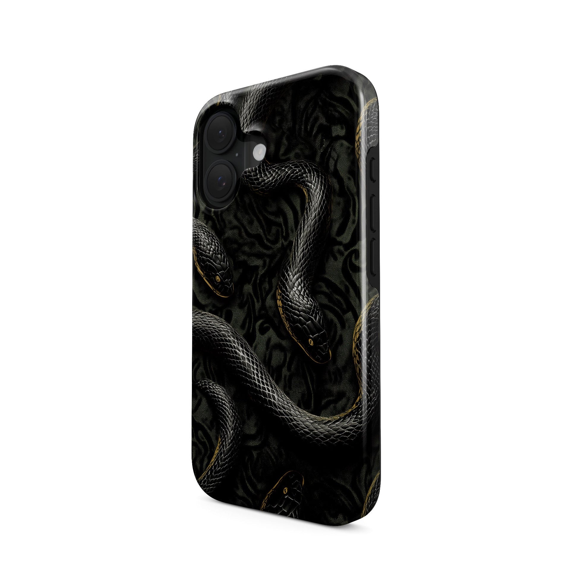 Close-up of black snake patterned Coiled Shadows tough phone case with glossy finish and dual-layer protection.