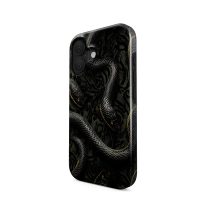 Close-up of black snake patterned Coiled Shadows tough phone case with glossy finish and dual-layer protection.