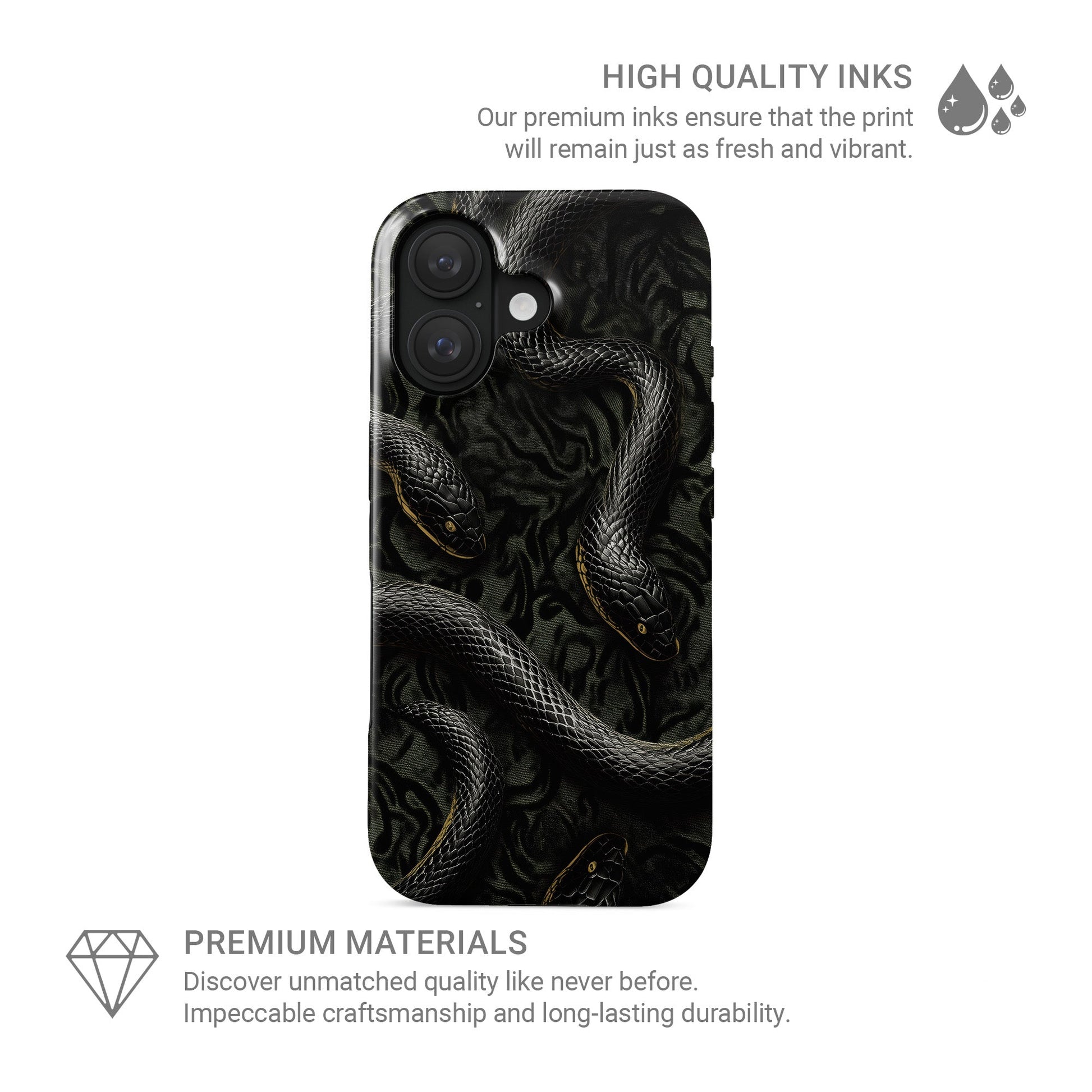 Close-up of black snake patterned Coiled Shadows tough phone case with glossy finish and dual-layer protection.