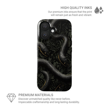 Close-up of black snake patterned Coiled Shadows tough phone case with glossy finish and dual-layer protection.
