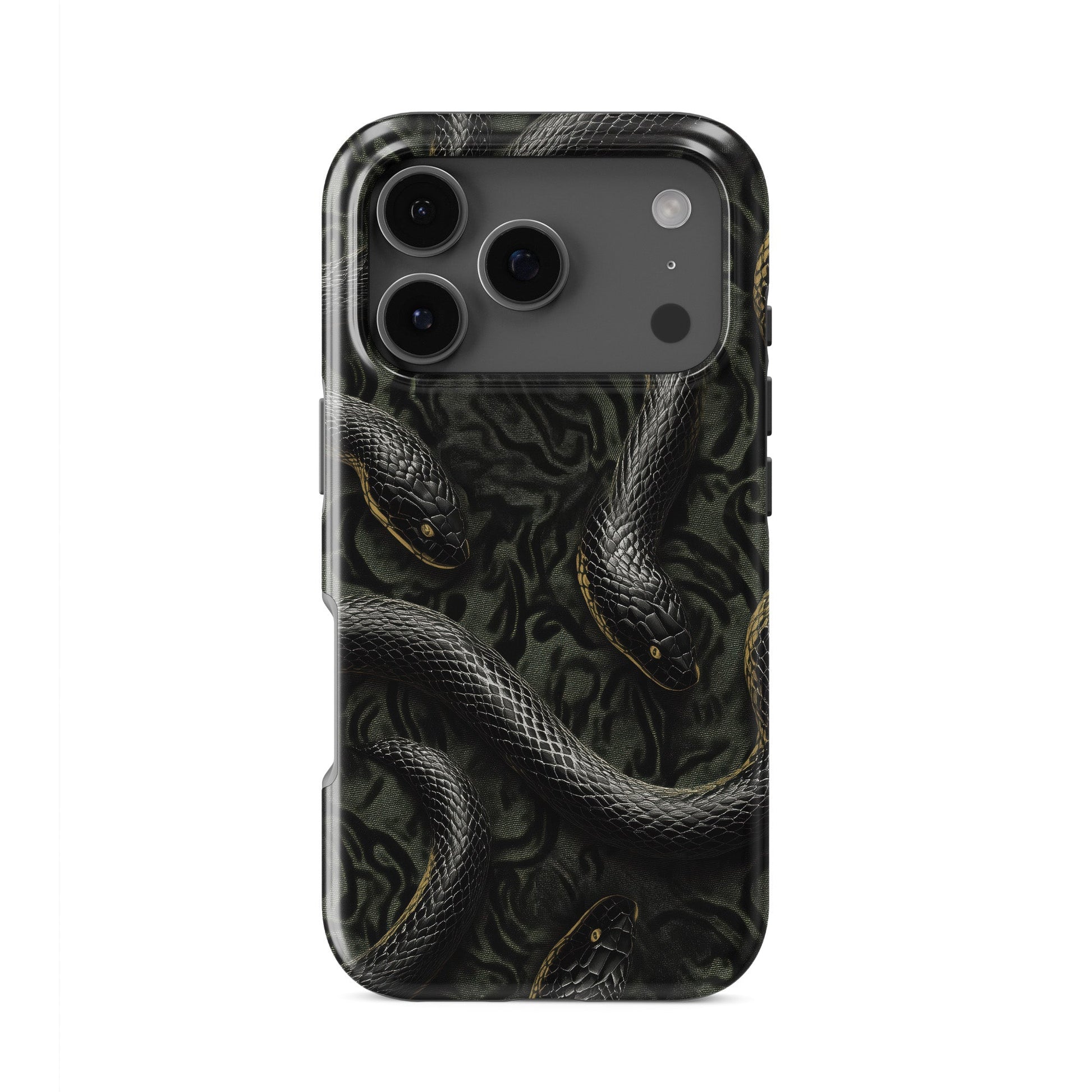 Close-up of black snake patterned Coiled Shadows tough phone case with glossy finish and dual-layer protection.