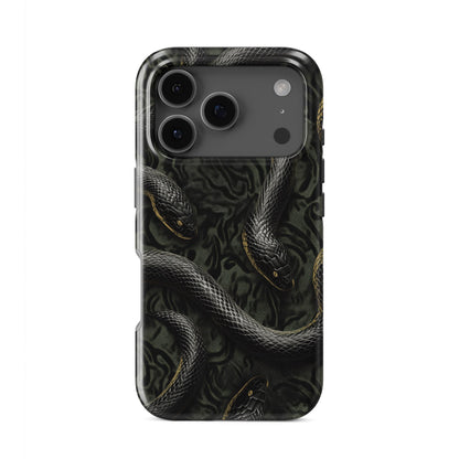Close-up of black snake patterned Coiled Shadows tough phone case with glossy finish and dual-layer protection.