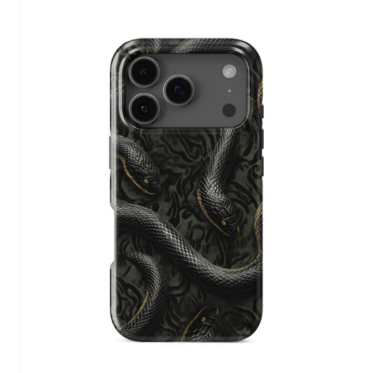 Close-up of black snake patterned Coiled Shadows tough phone case with glossy finish and dual-layer protection.