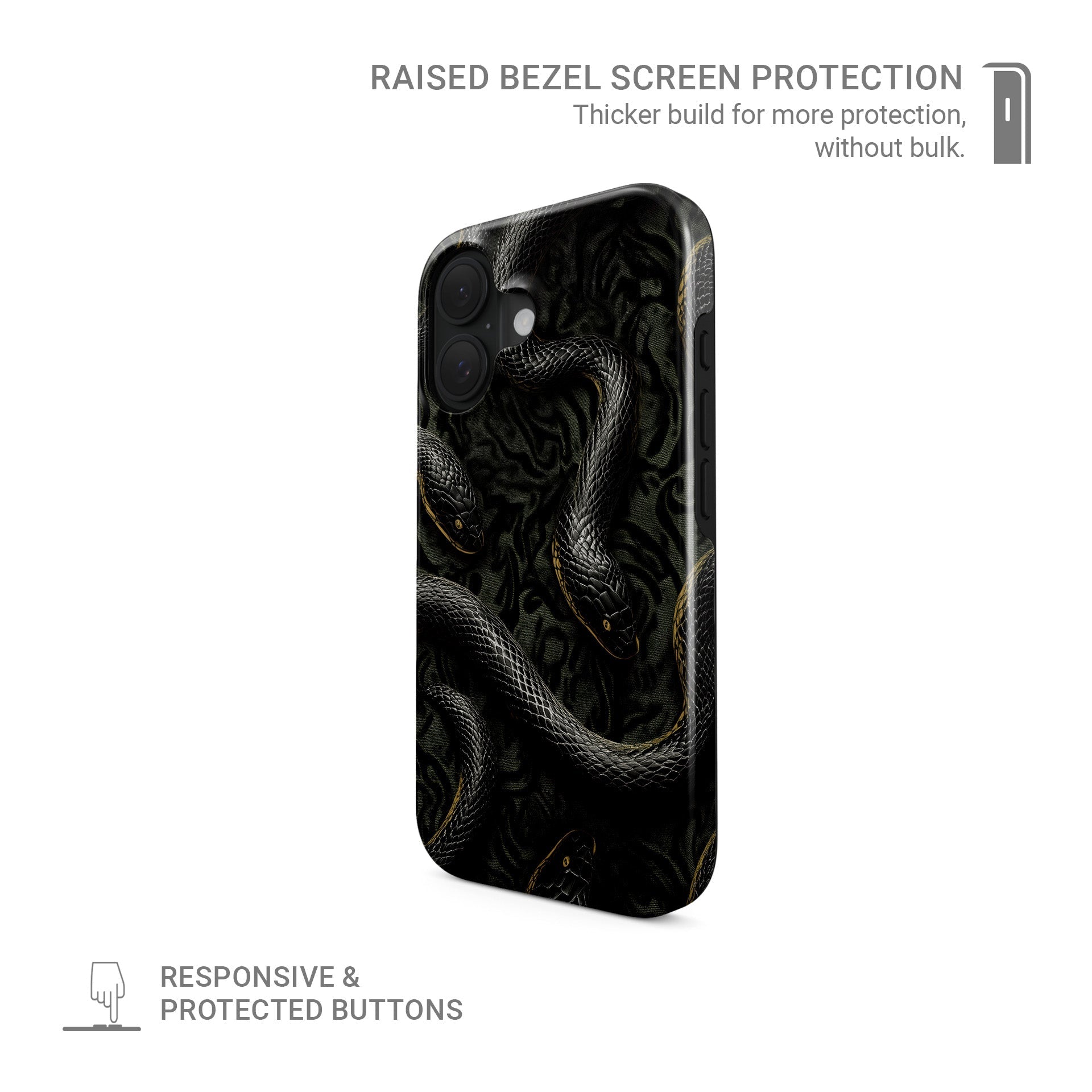 Close-up of black snake patterned Coiled Shadows tough phone case with glossy finish and dual-layer protection.
