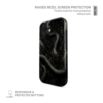 Close-up of black snake patterned Coiled Shadows tough phone case with glossy finish and dual-layer protection.