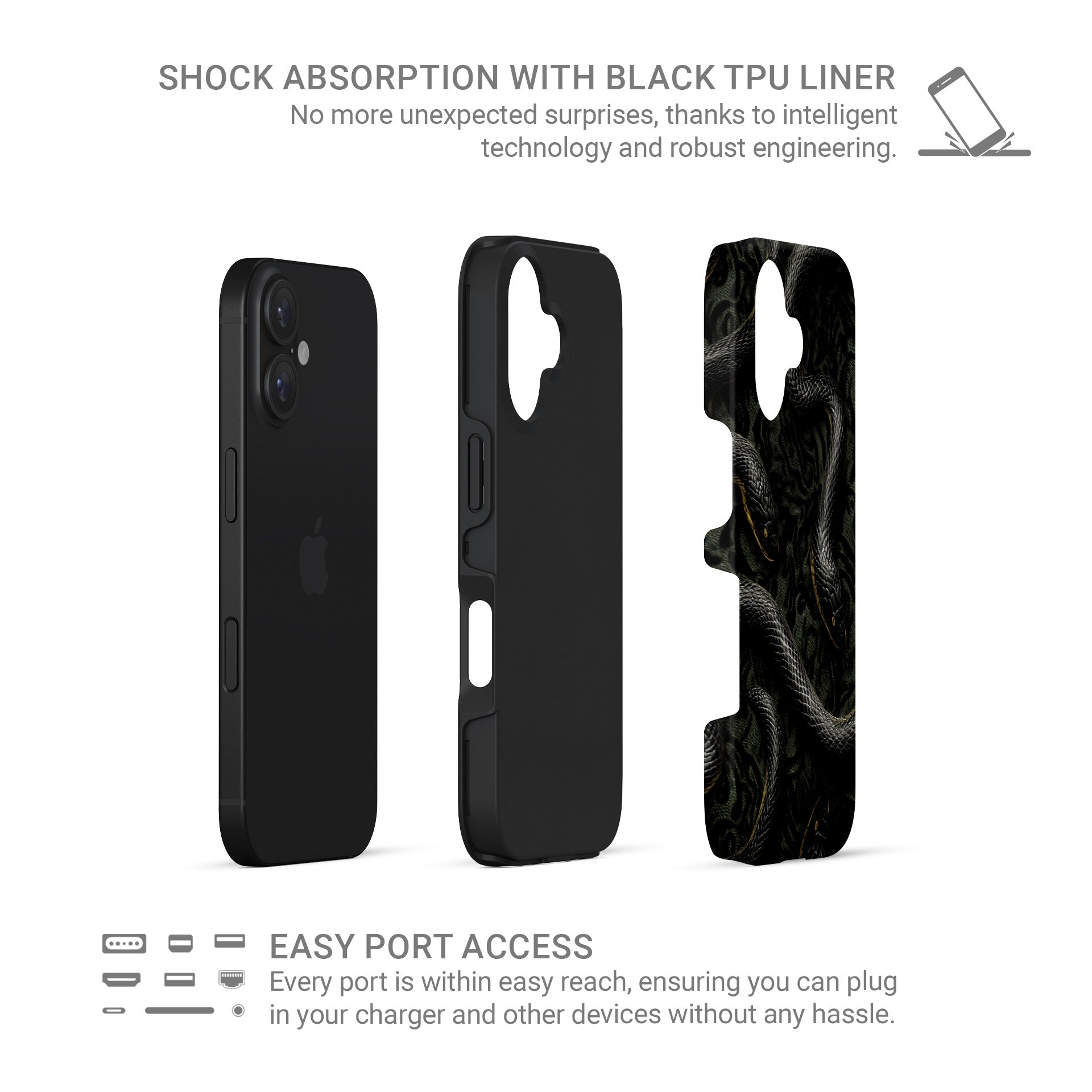 Close-up of black snake patterned Coiled Shadows tough phone case with glossy finish and dual-layer protection.
