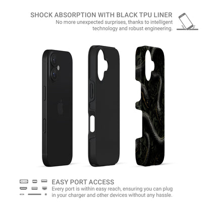 Close-up of black snake patterned Coiled Shadows tough phone case with glossy finish and dual-layer protection.