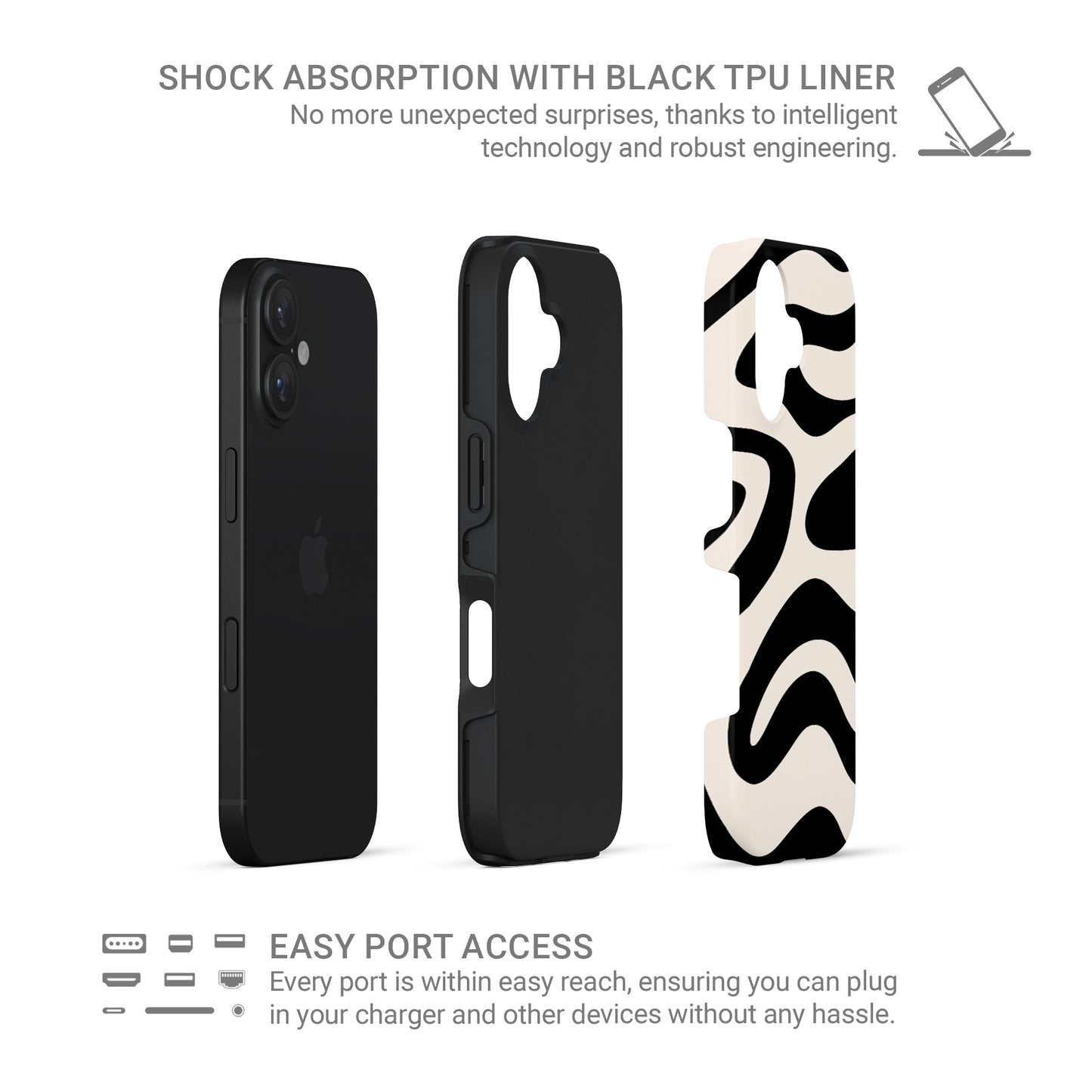 Black and cream abstract ripple tough phone case with flowing modern wave pattern design