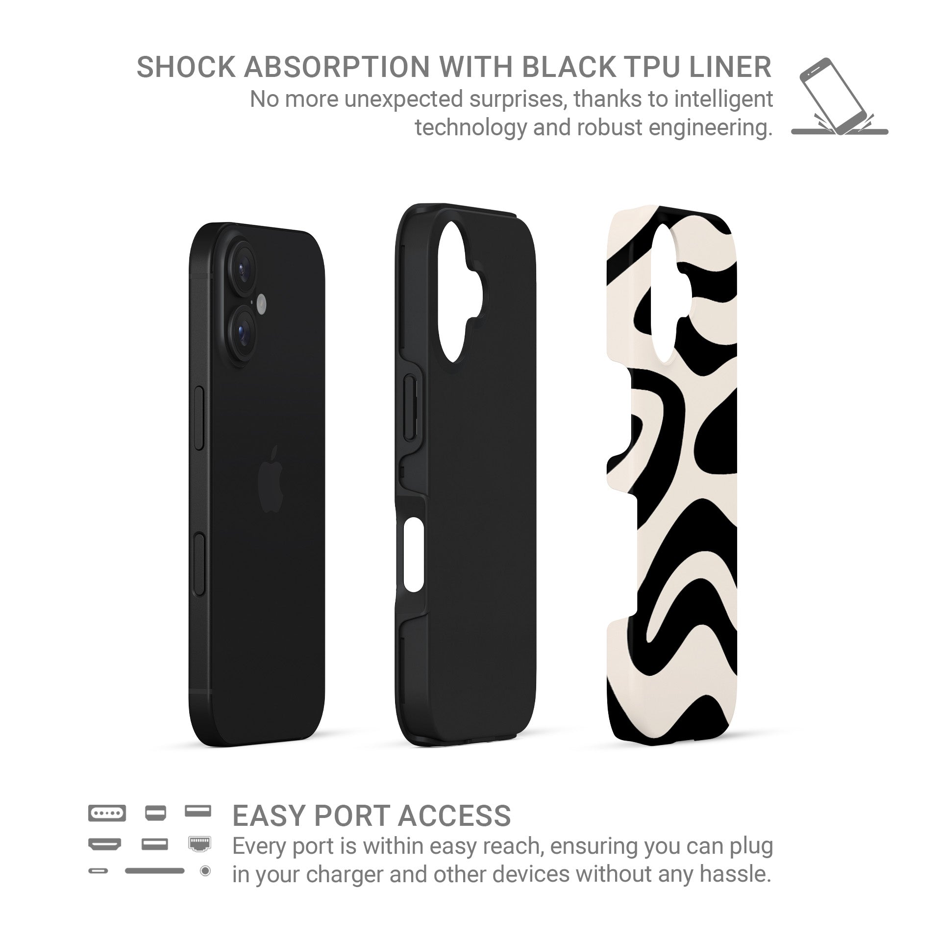 Black and cream abstract ripple tough phone case with flowing modern wave pattern design