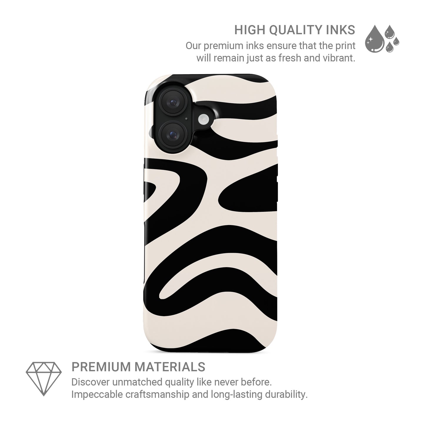 Black and cream abstract ripple tough phone case with flowing modern wave pattern design