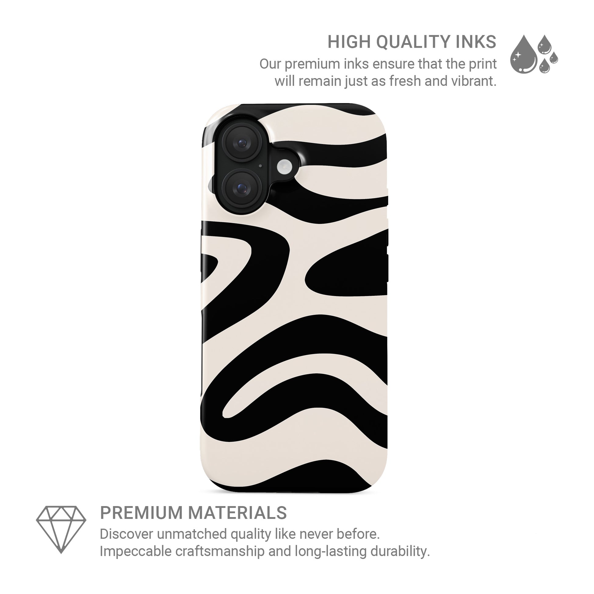 Black and cream abstract ripple tough phone case with flowing modern wave pattern design