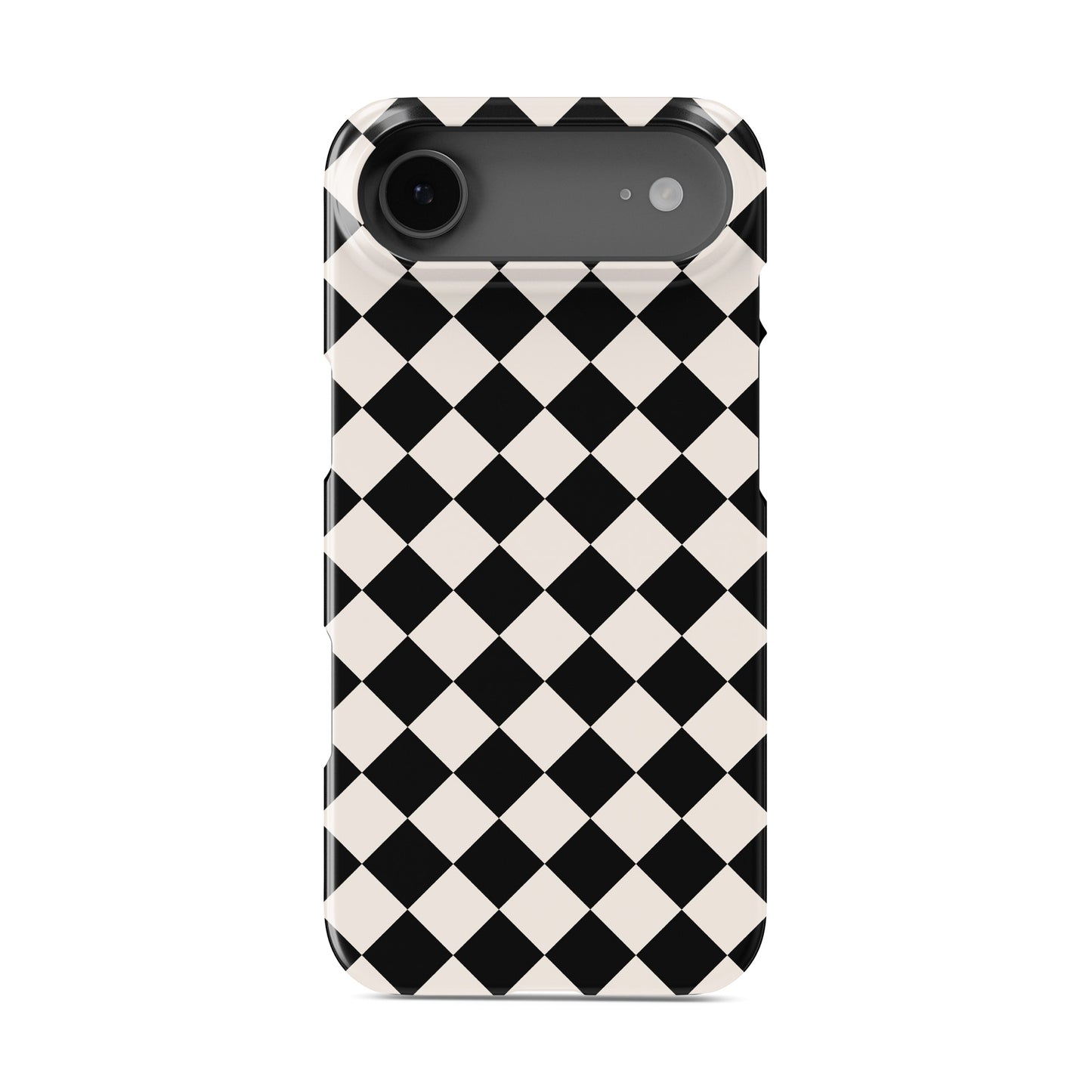 Black and cream harlequin checkerboard snap phone case with bold diamond pattern design