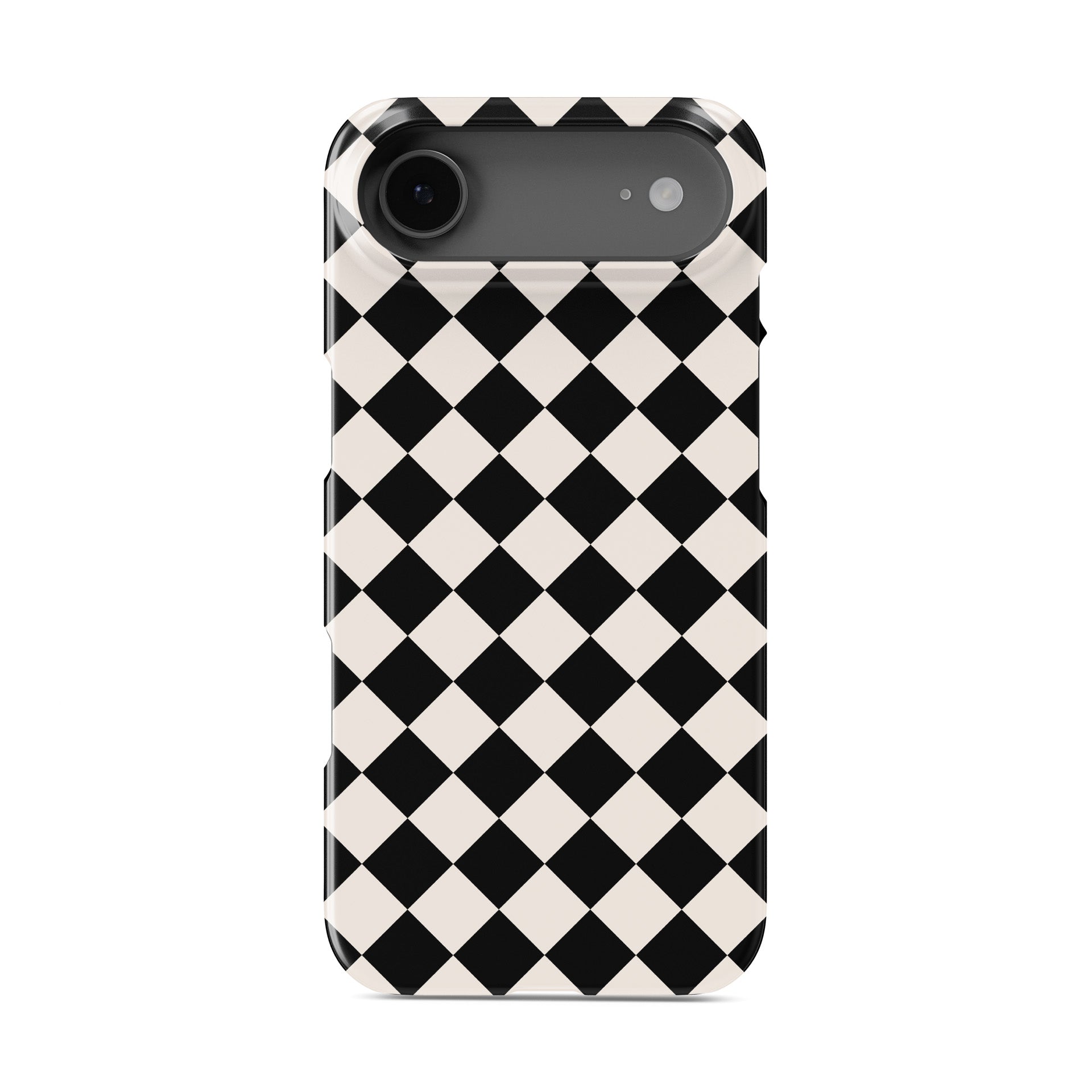 Black and cream harlequin checkerboard snap phone case with bold diamond pattern design
