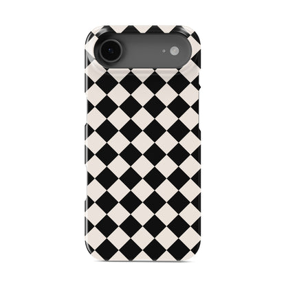 Black and cream harlequin checkerboard snap phone case with bold diamond pattern design