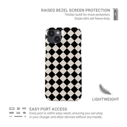 Black and cream harlequin checkerboard snap phone case with bold diamond pattern design