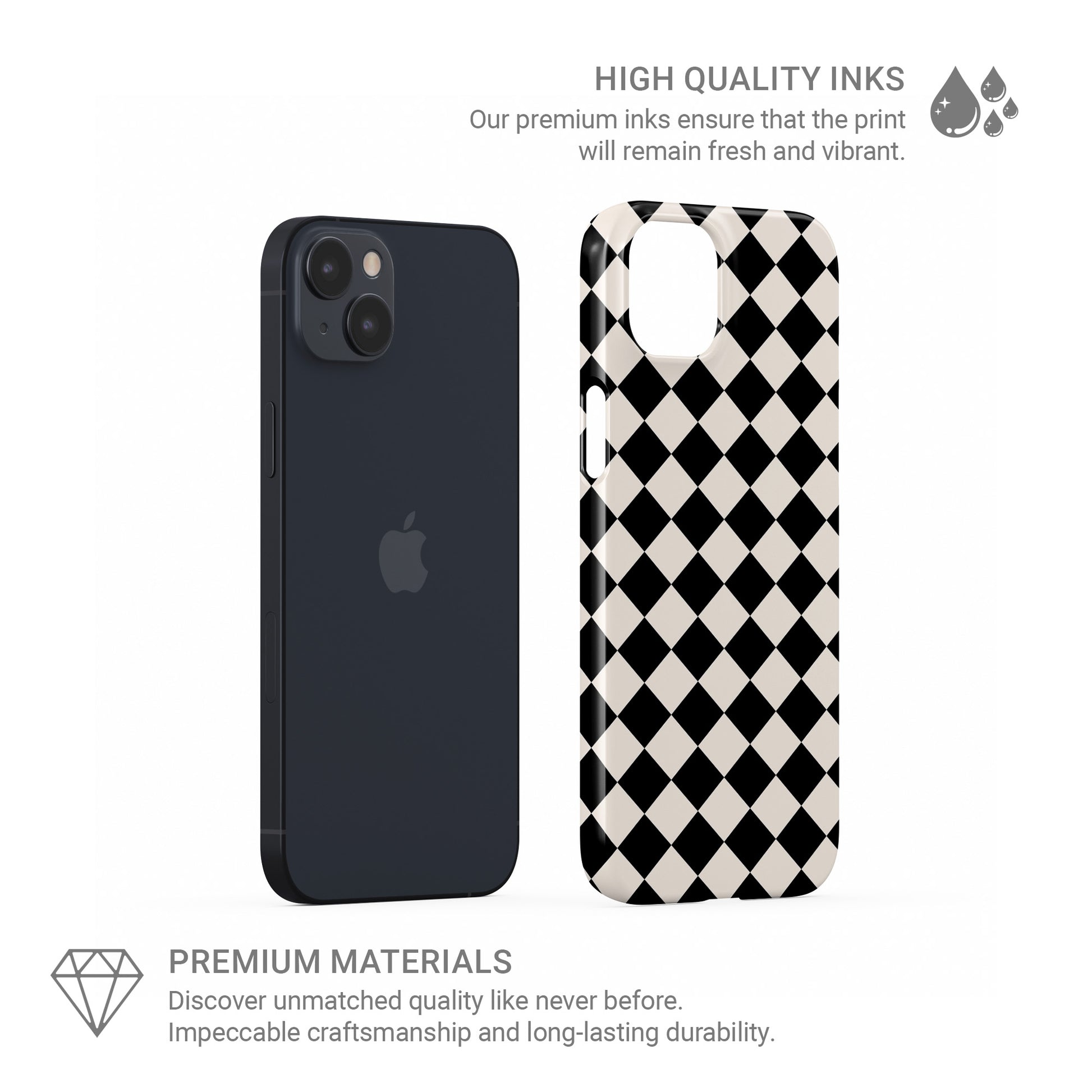 Black and cream harlequin checkerboard snap phone case with bold diamond pattern design