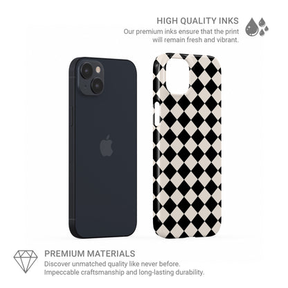 Black and cream harlequin checkerboard snap phone case with bold diamond pattern design