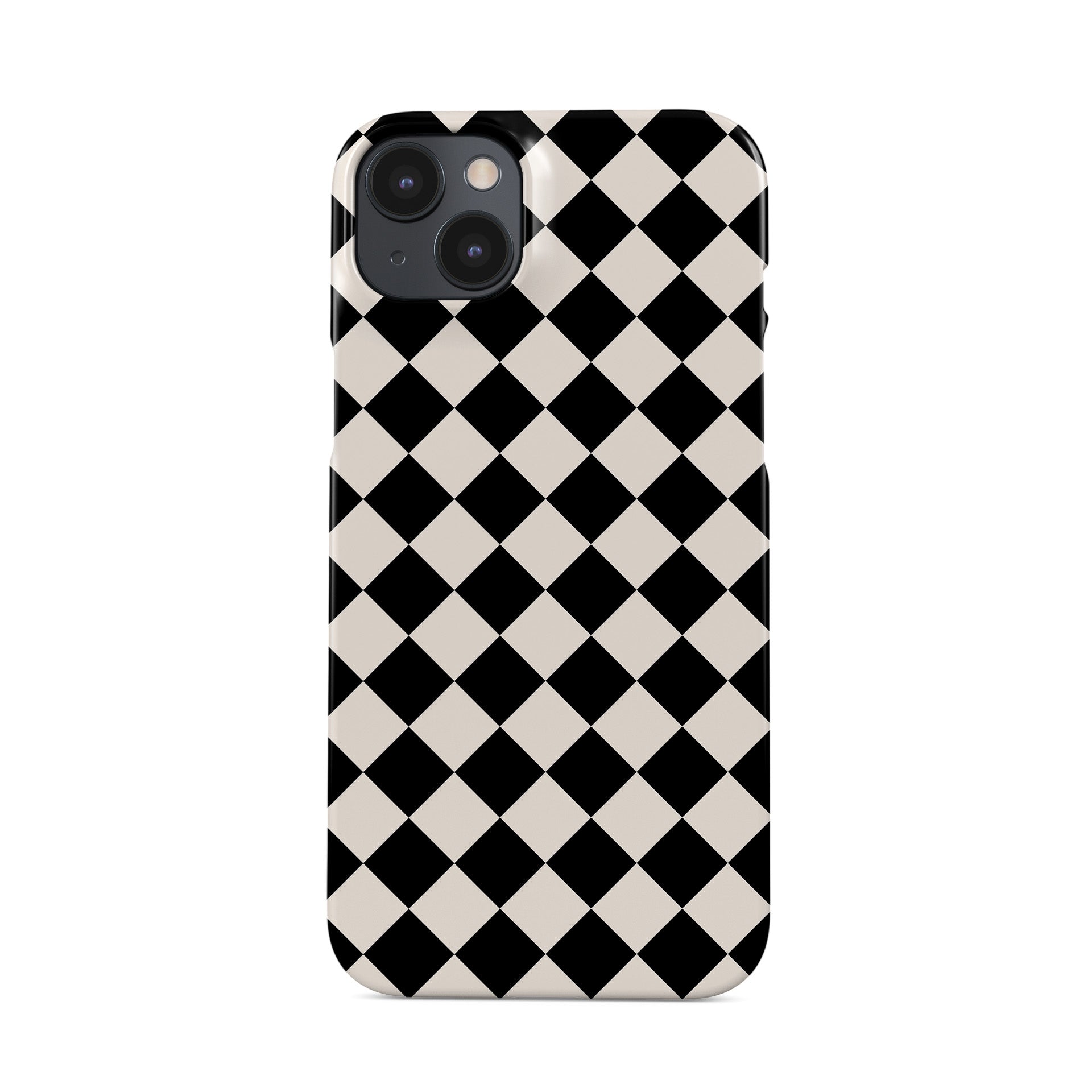 Black and cream harlequin checkerboard snap phone case with bold diamond pattern design