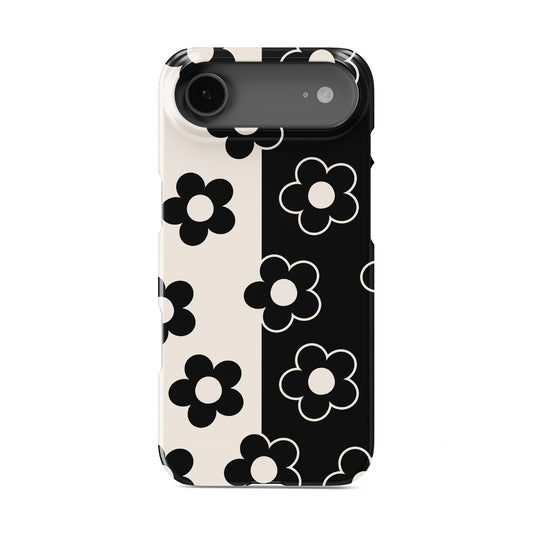 Black and cream floral snap phone case with split background petal pattern design