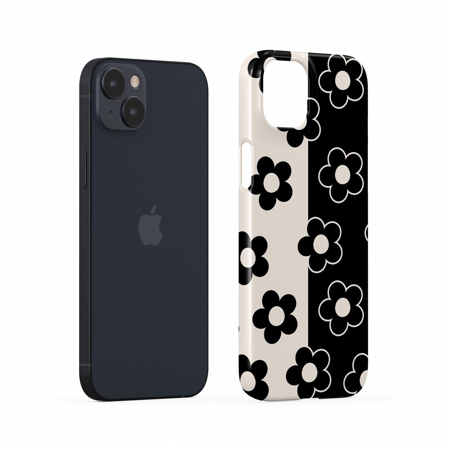 Black and cream floral snap phone case with split background petal pattern design