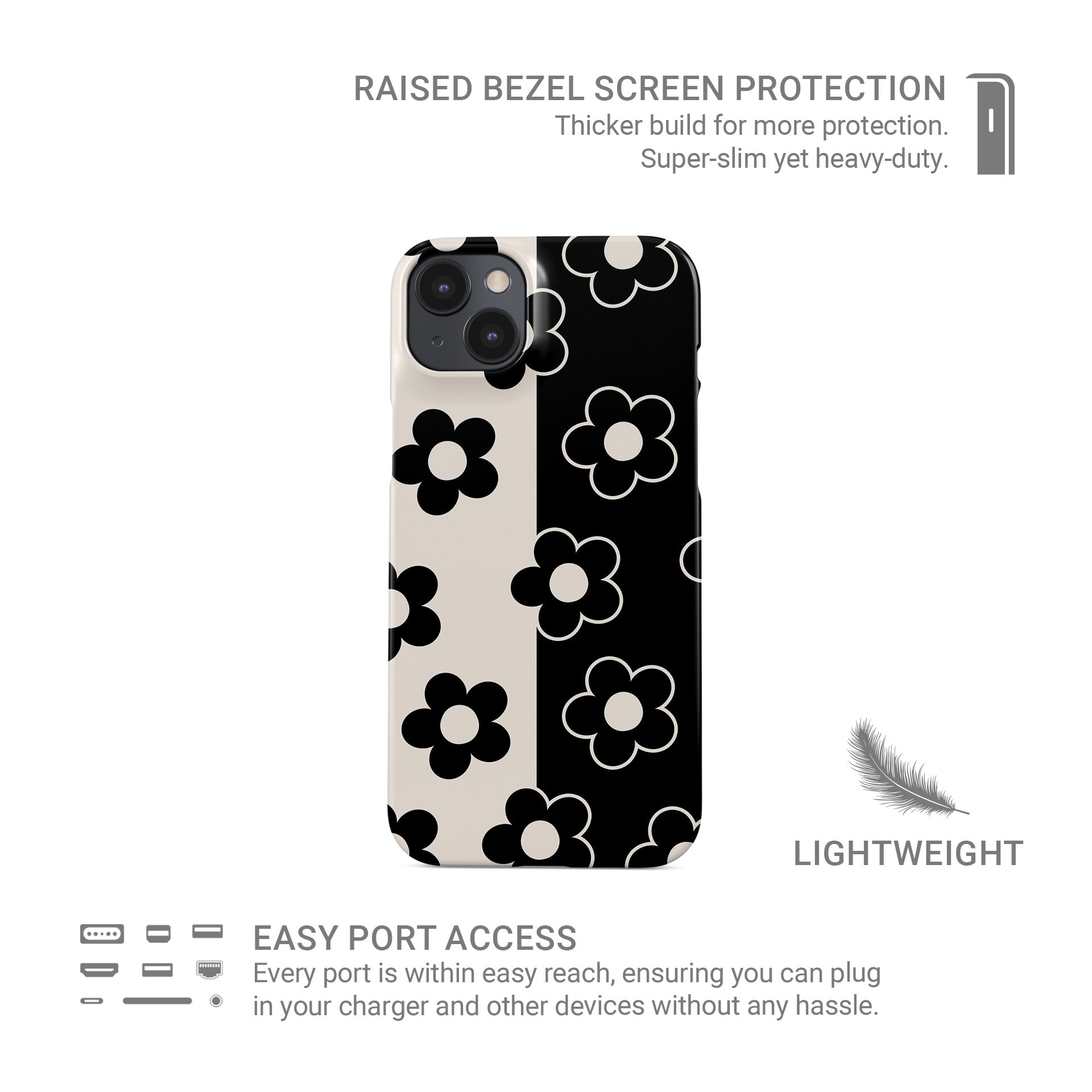 Black and cream floral snap phone case with split background petal pattern design