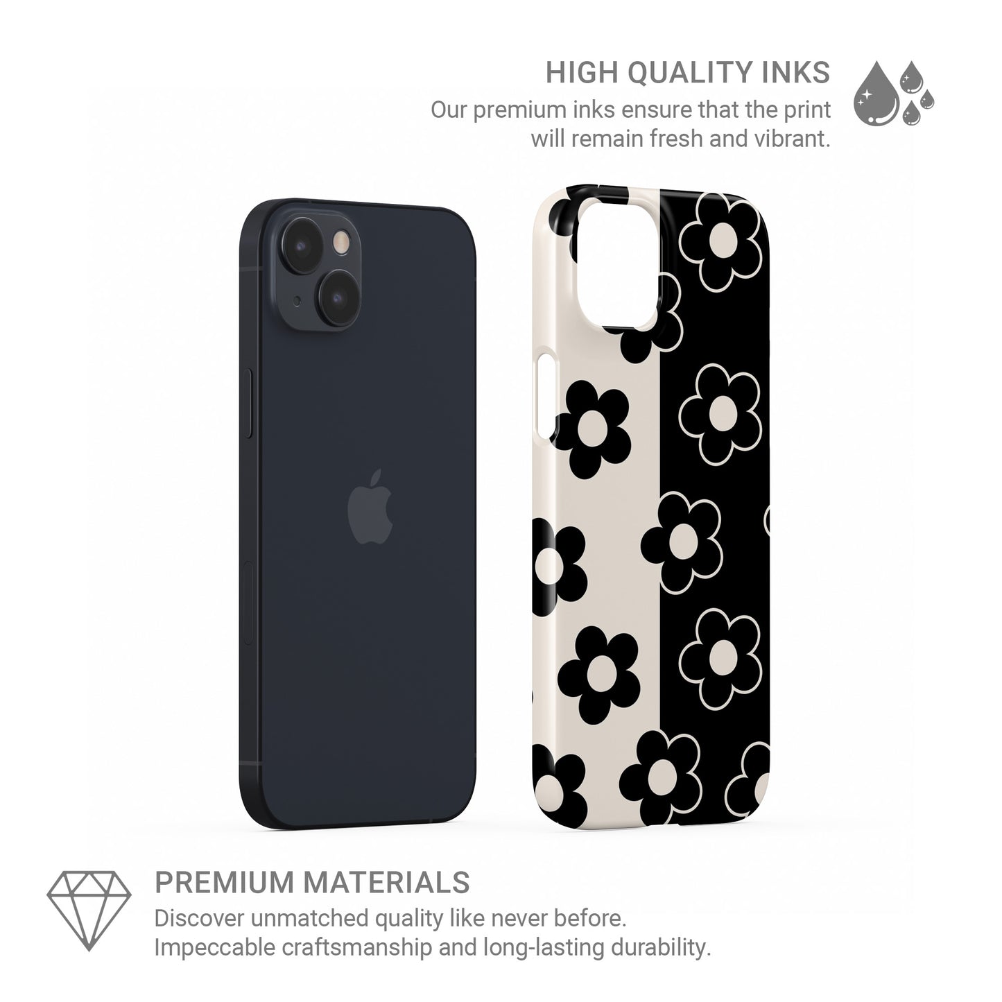 Black and cream floral snap phone case with split background petal pattern design