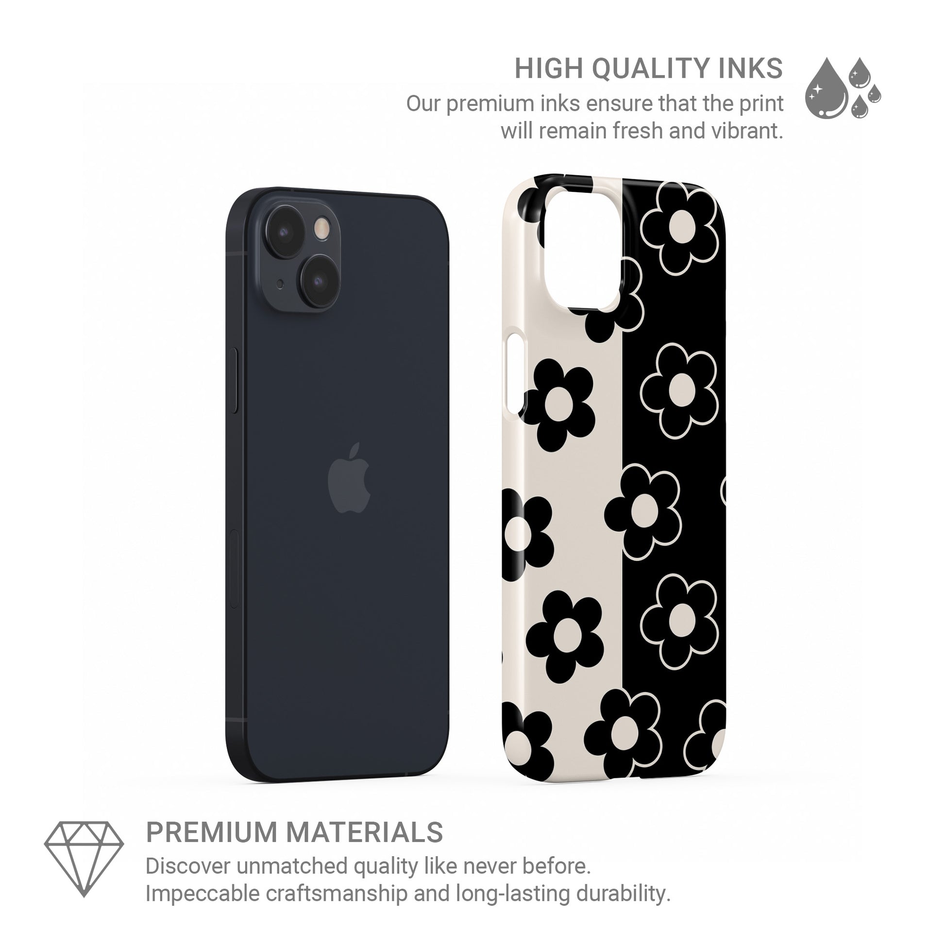 Black and cream floral snap phone case with split background petal pattern design